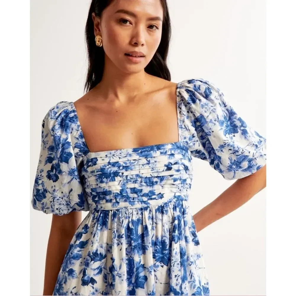 Abercrombie & Fitch Womens Blue Floral Smocked Puff Sleeve Fit & Flare Dress XST